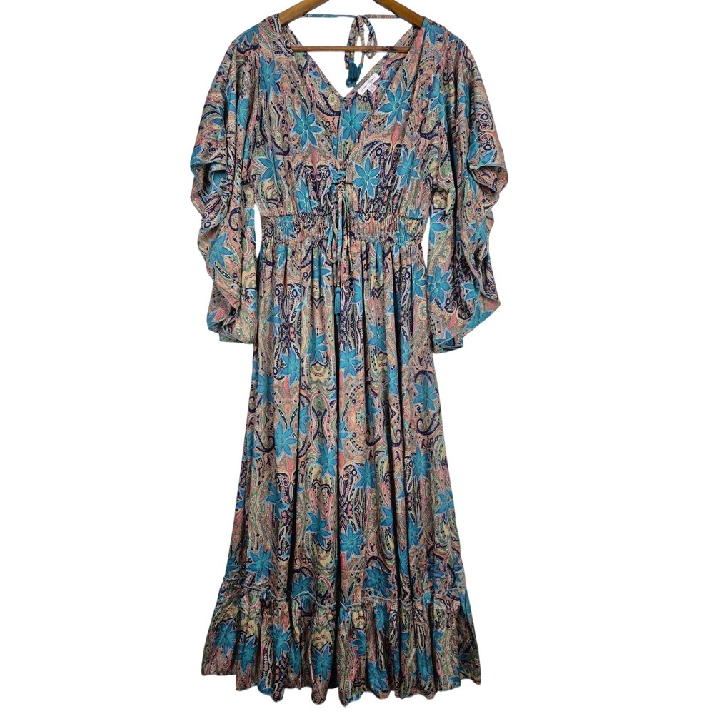 Karma Highway Paisley Floral Maxi Dress Metallic Tassel Boho Blue Pink One Size